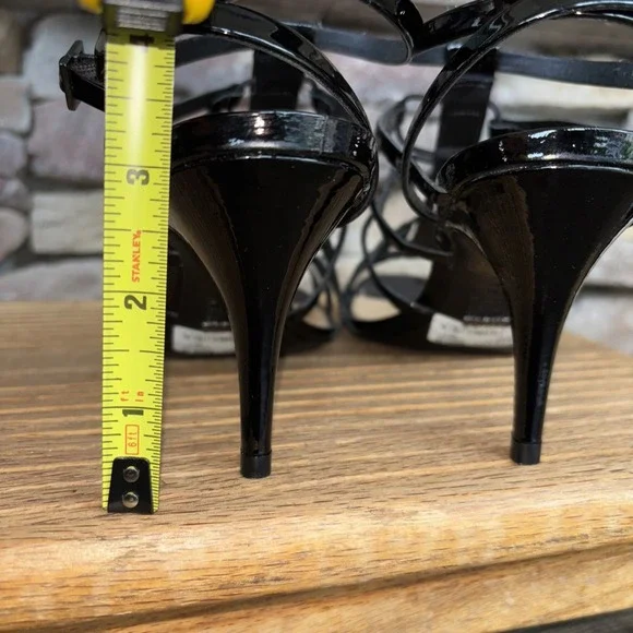 SCHUTZ Lyna Black Patent Stiletto Sandals - Strappy Cut-Out Heels With Elastic Vamp - View #10